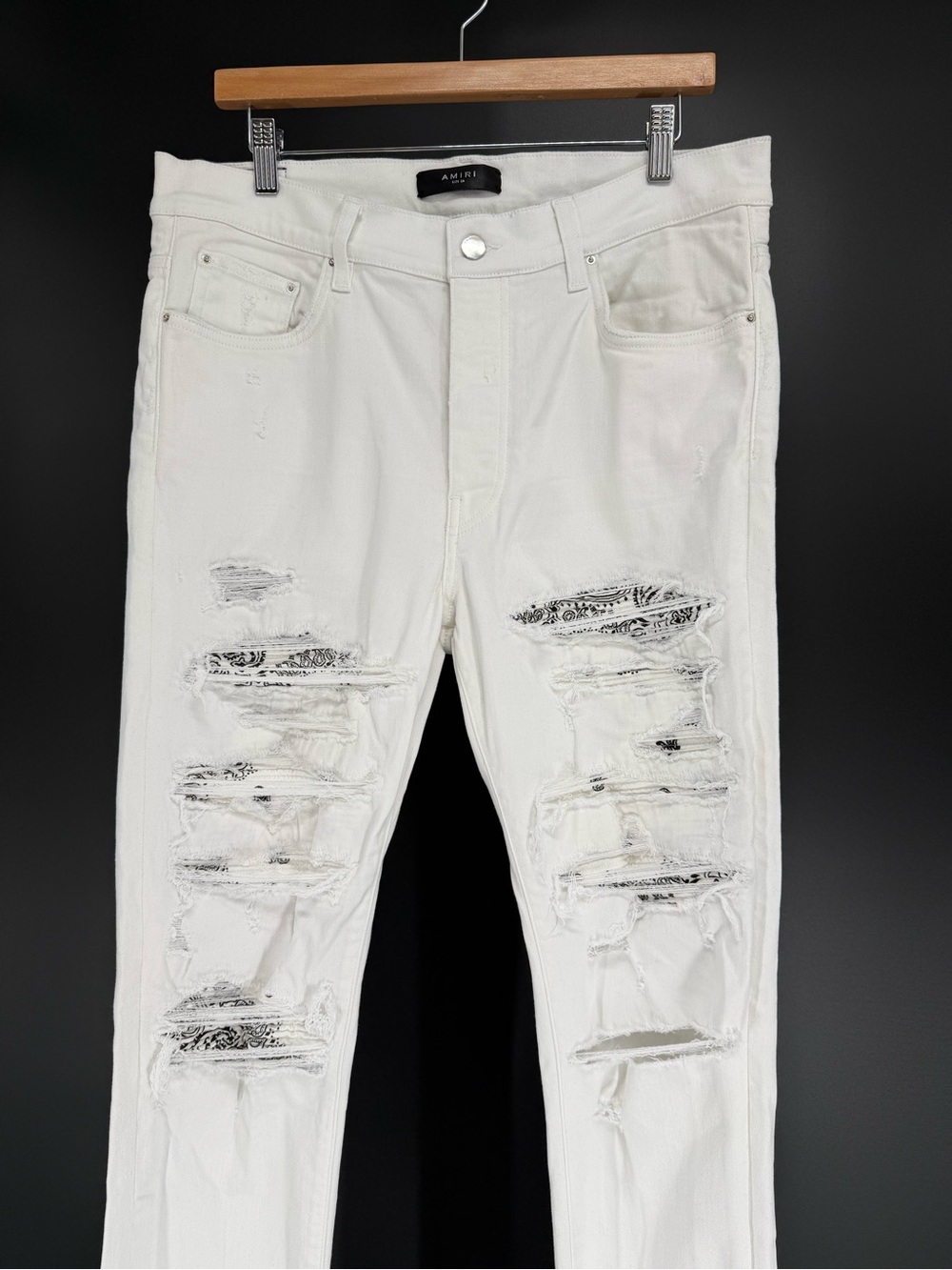 AMIRI White Bandana Distressed Skinny Jeans